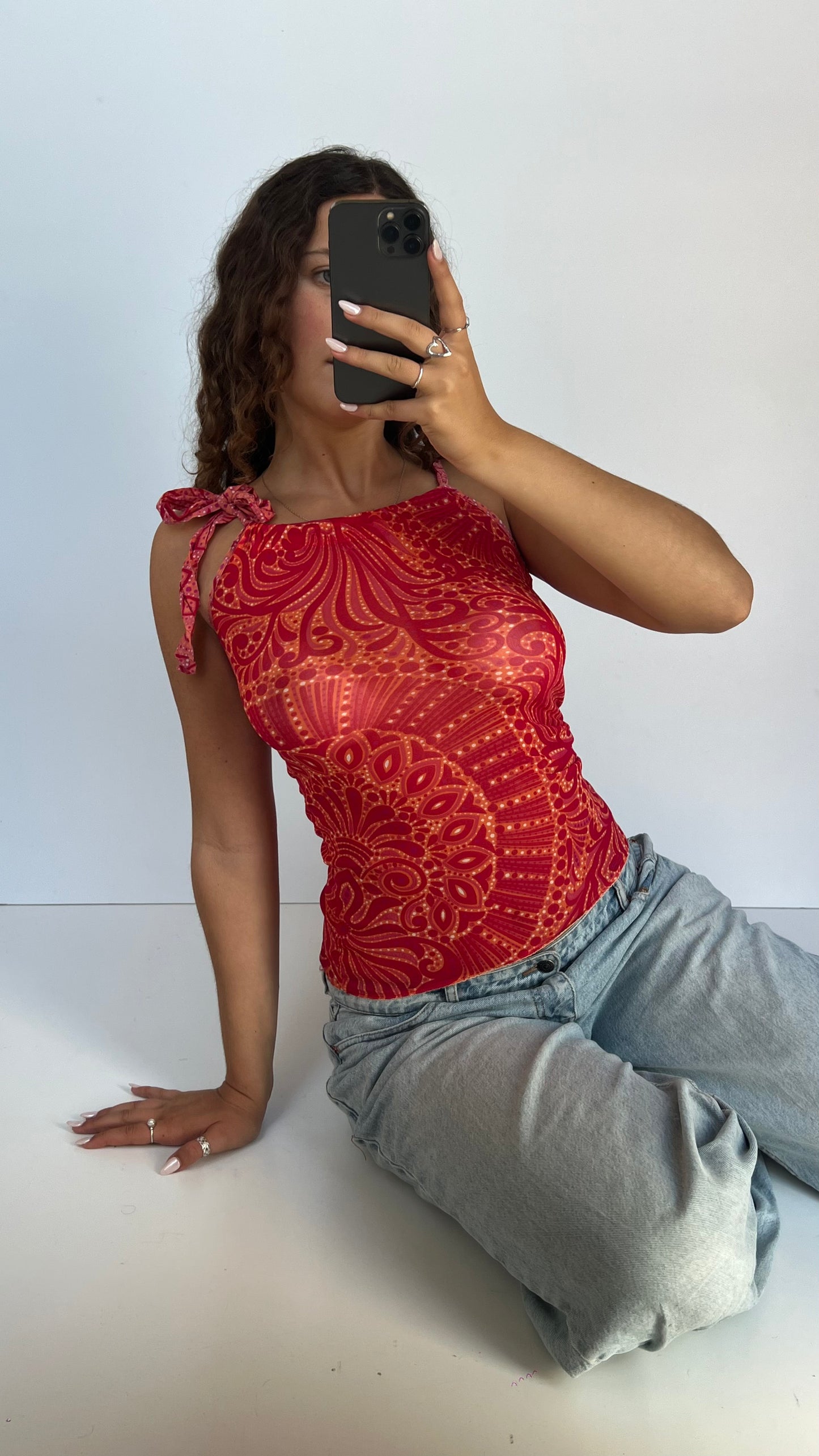 00s red patterned mesh top- size S