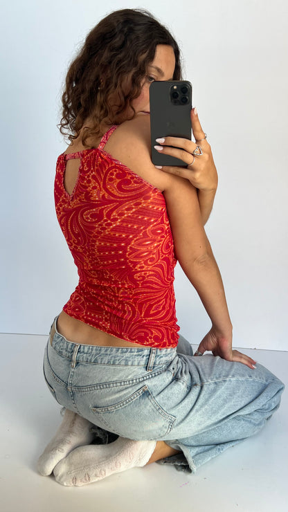 00s red patterned mesh top- size S