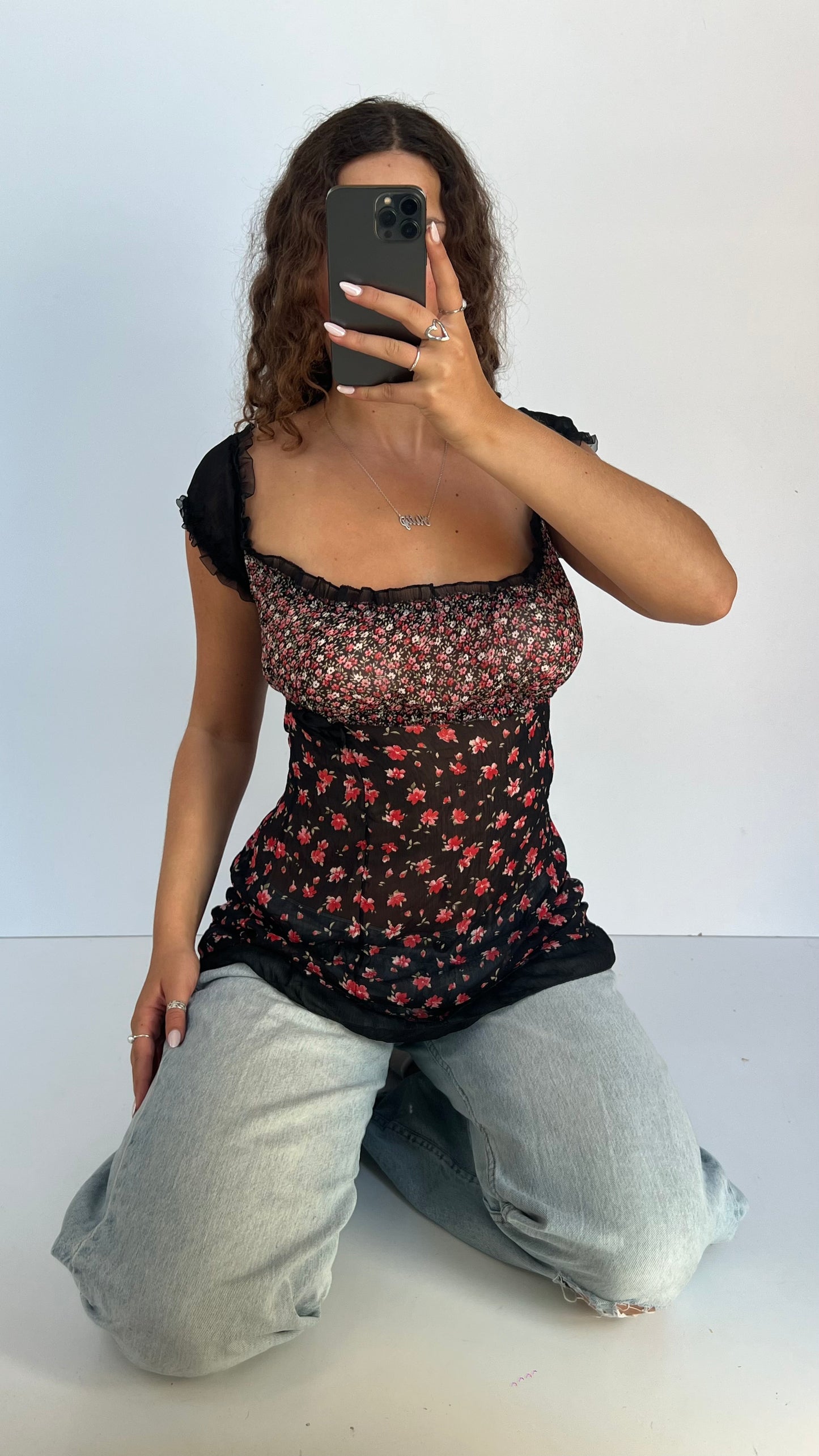 00s black floral babydoll top- size M/L
