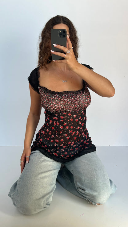 00s black floral babydoll top- size M/L