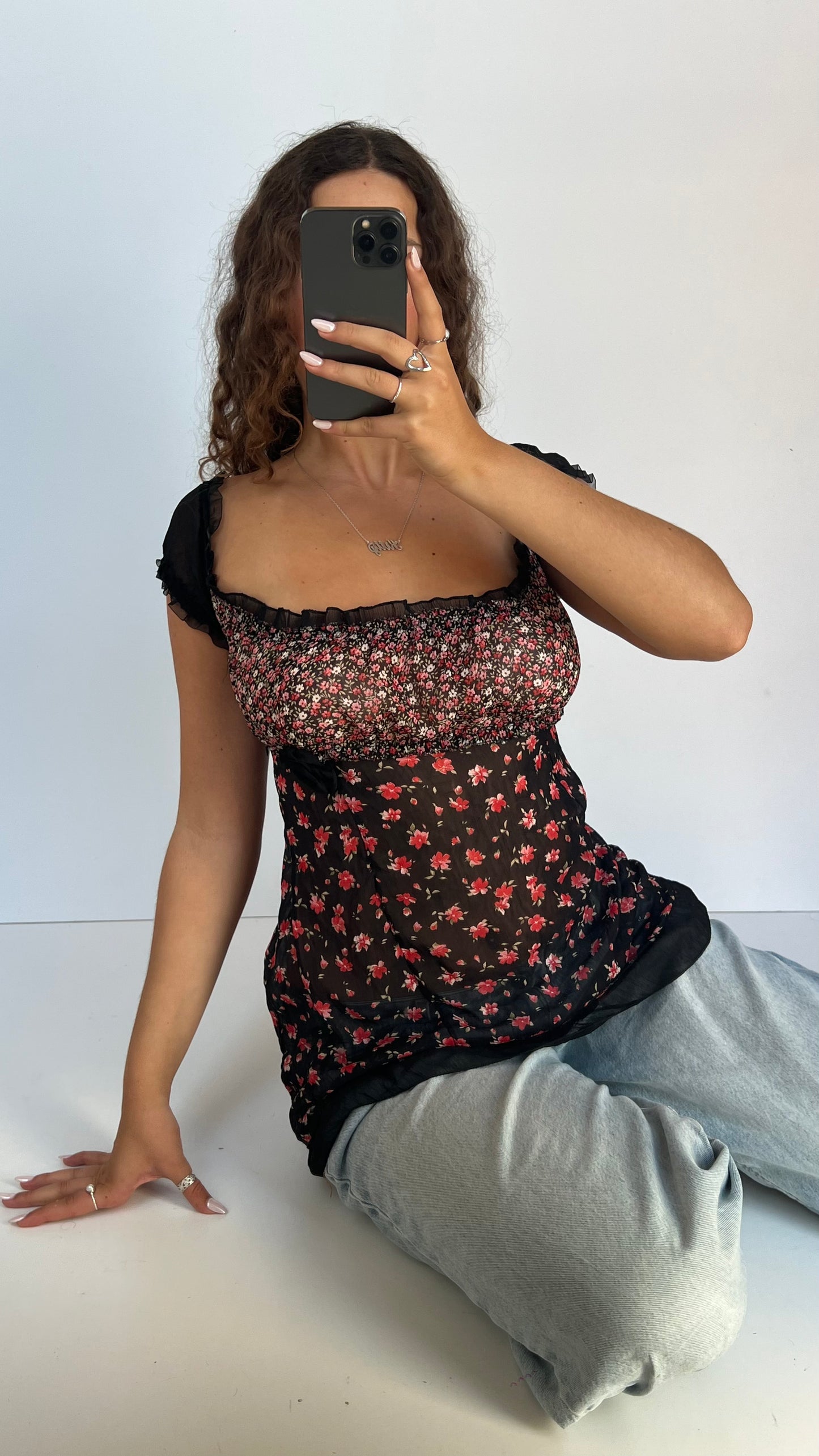 00s black floral babydoll top- size M/L