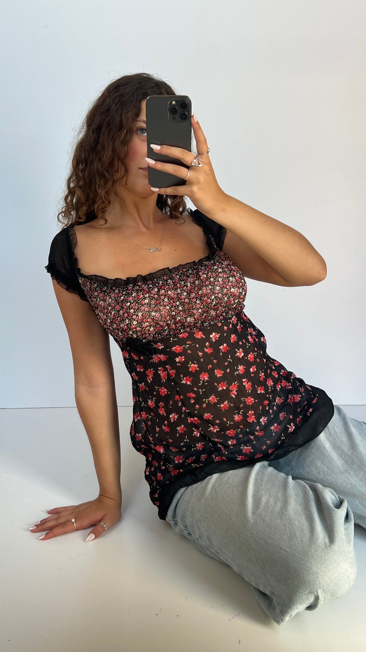 00s black floral babydoll top- size M/L