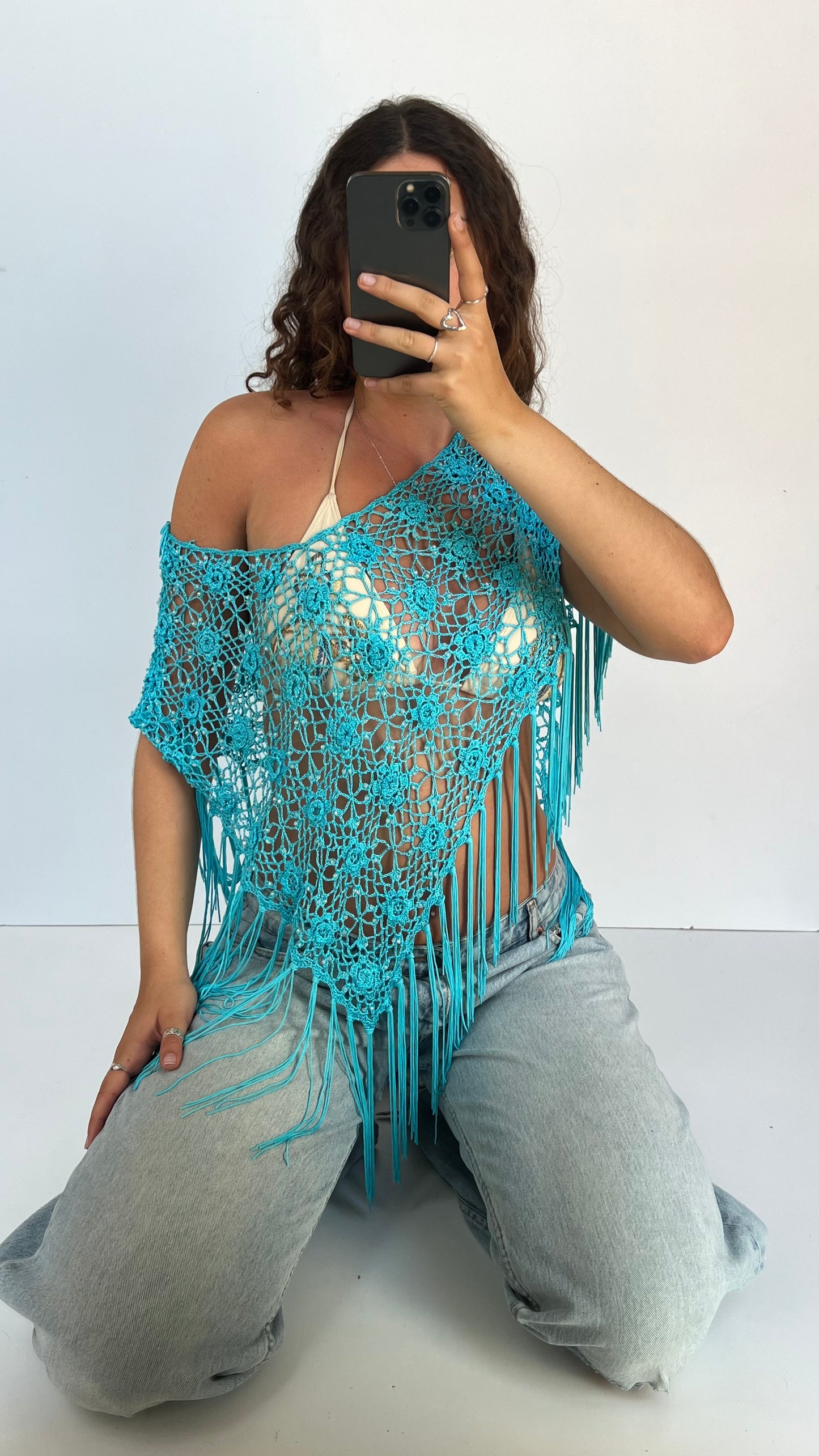 00s blue crochet beaded top- one size