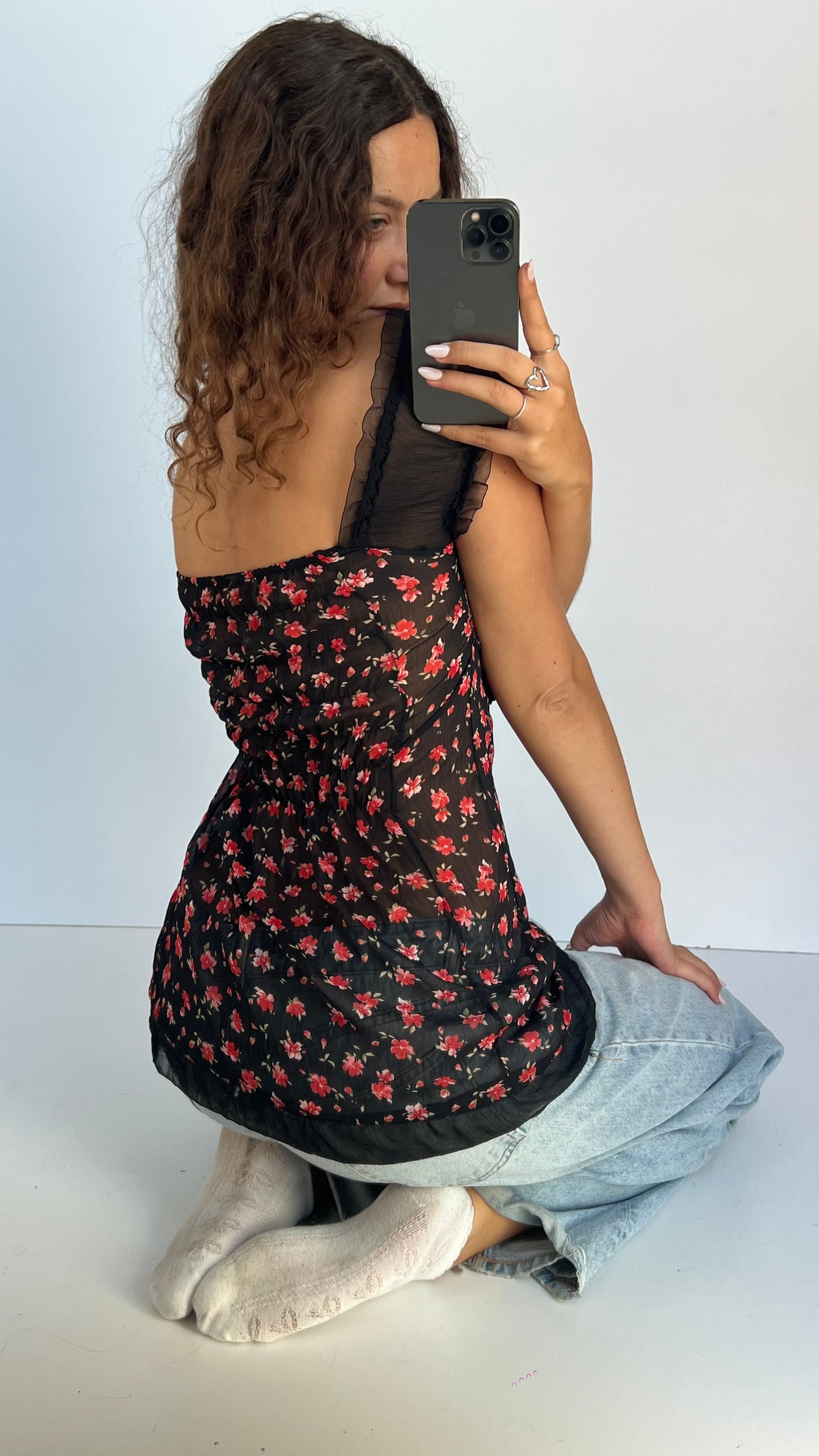 00s black floral babydoll top- size M/L