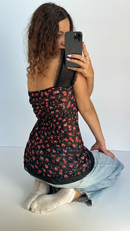 00s black floral babydoll top- size M/L