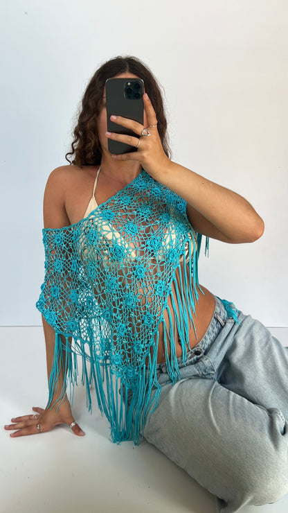 00s blue crochet beaded top- one size