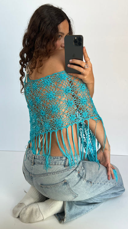00s blue crochet beaded top- one size