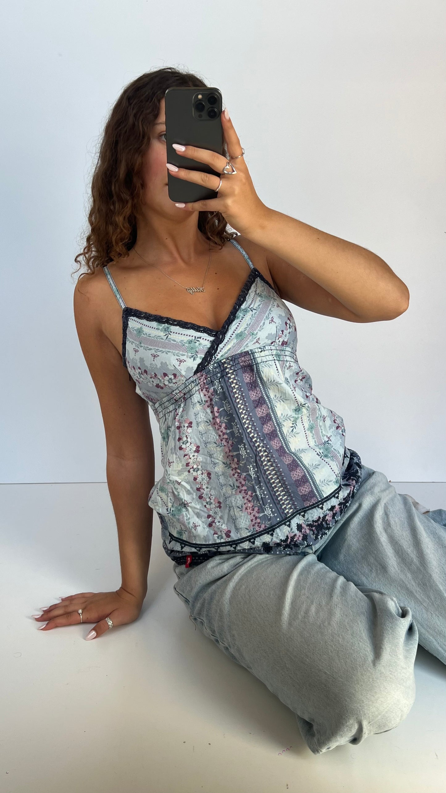 00s blue floral babydoll cami- size S