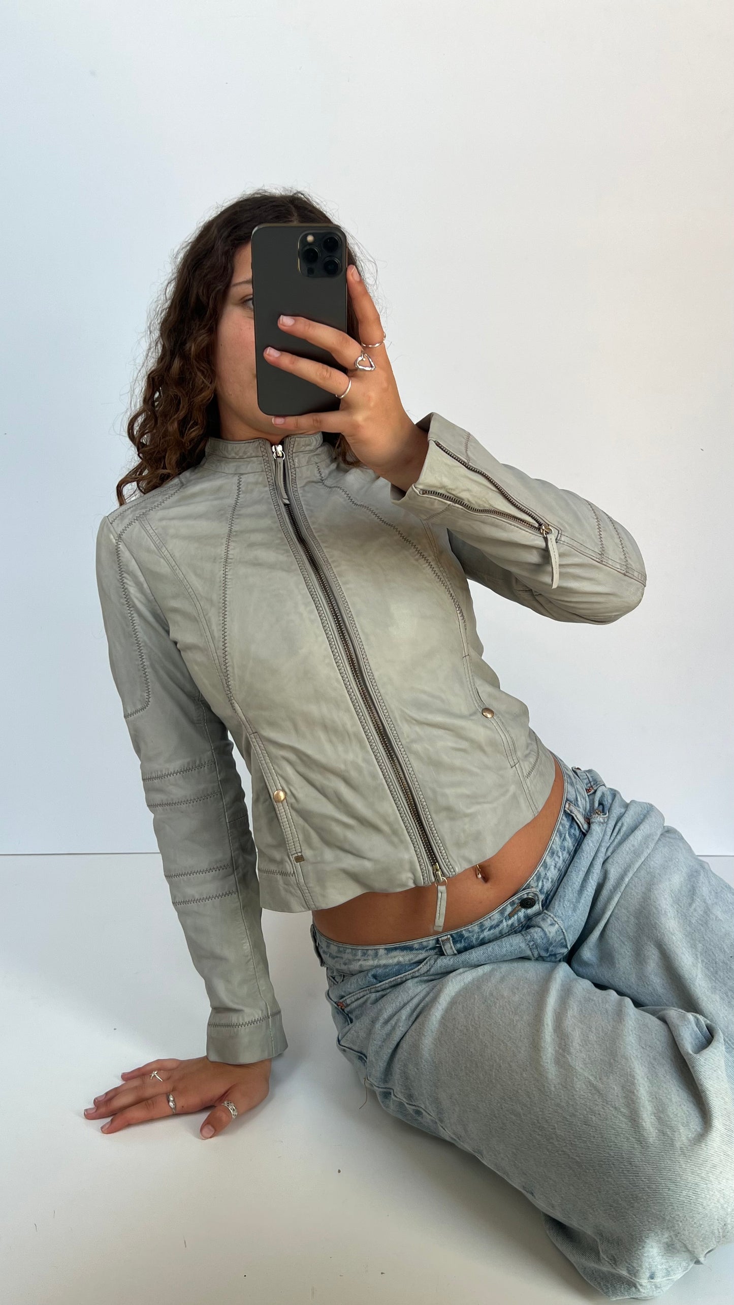 00s grey leather jacket- size S