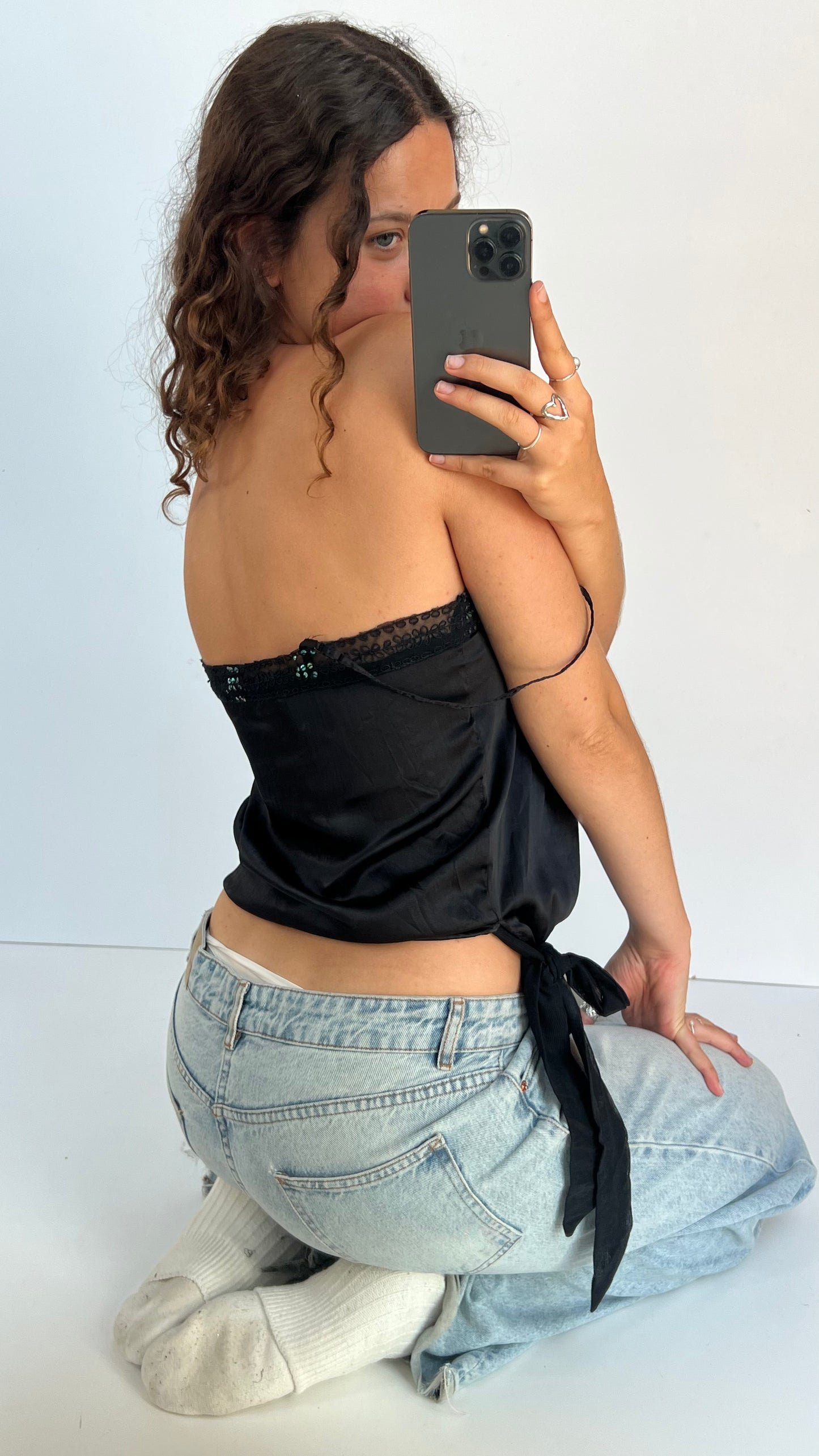 00s black satin sequin cami- size M