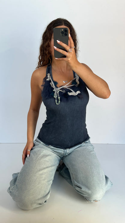 00s navy beaded tank top- size S