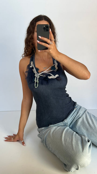 00s navy beaded tank top- size S