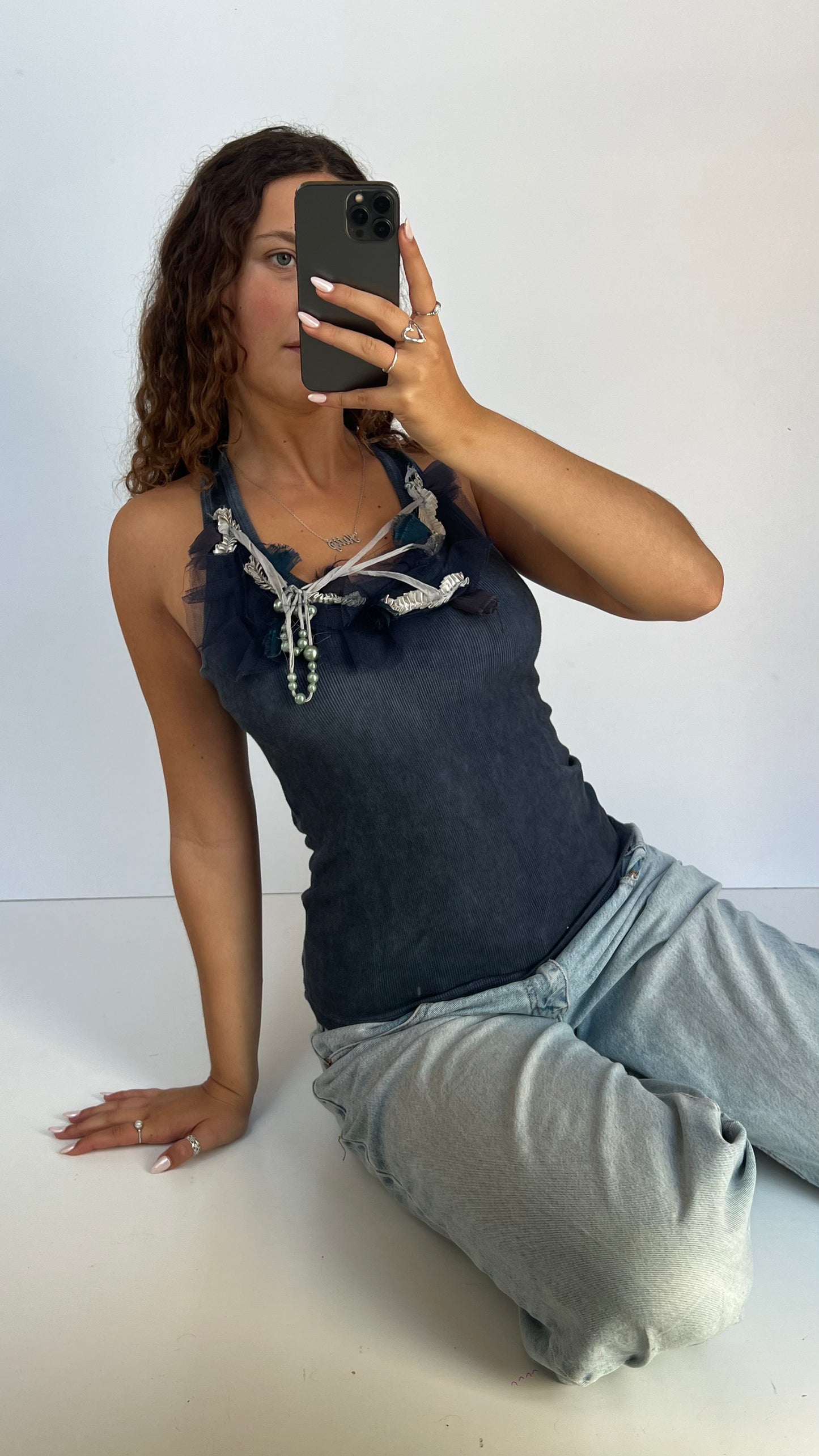 00s navy beaded tank top- size S