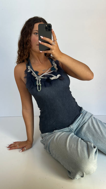 00s navy beaded tank top- size S