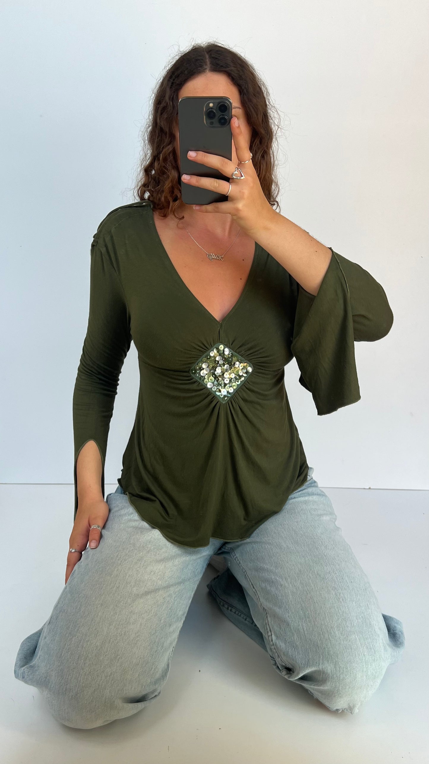 00s green boho long sleeve top- size M
