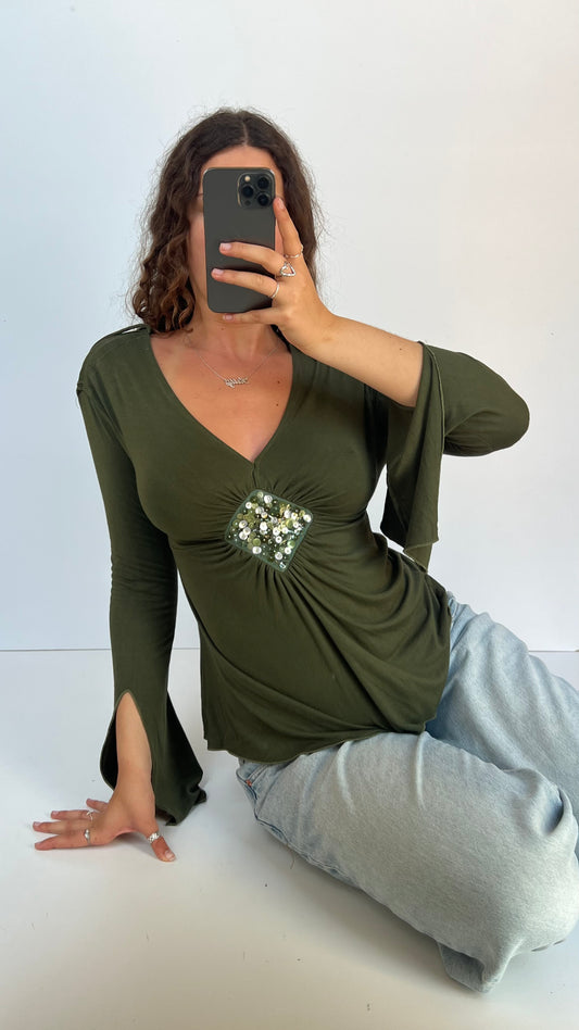 00s green boho long sleeve top- size M