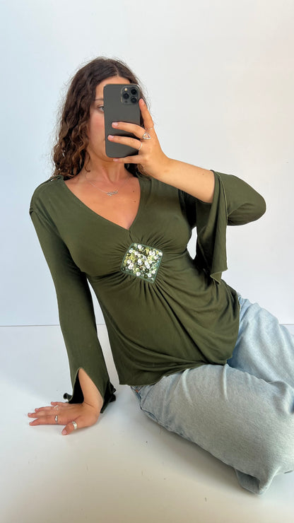 00s green boho long sleeve top- size M