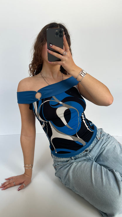 00s blue swirl print top- size M