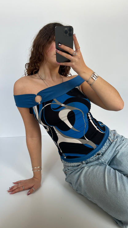 00s blue swirl print top- size M