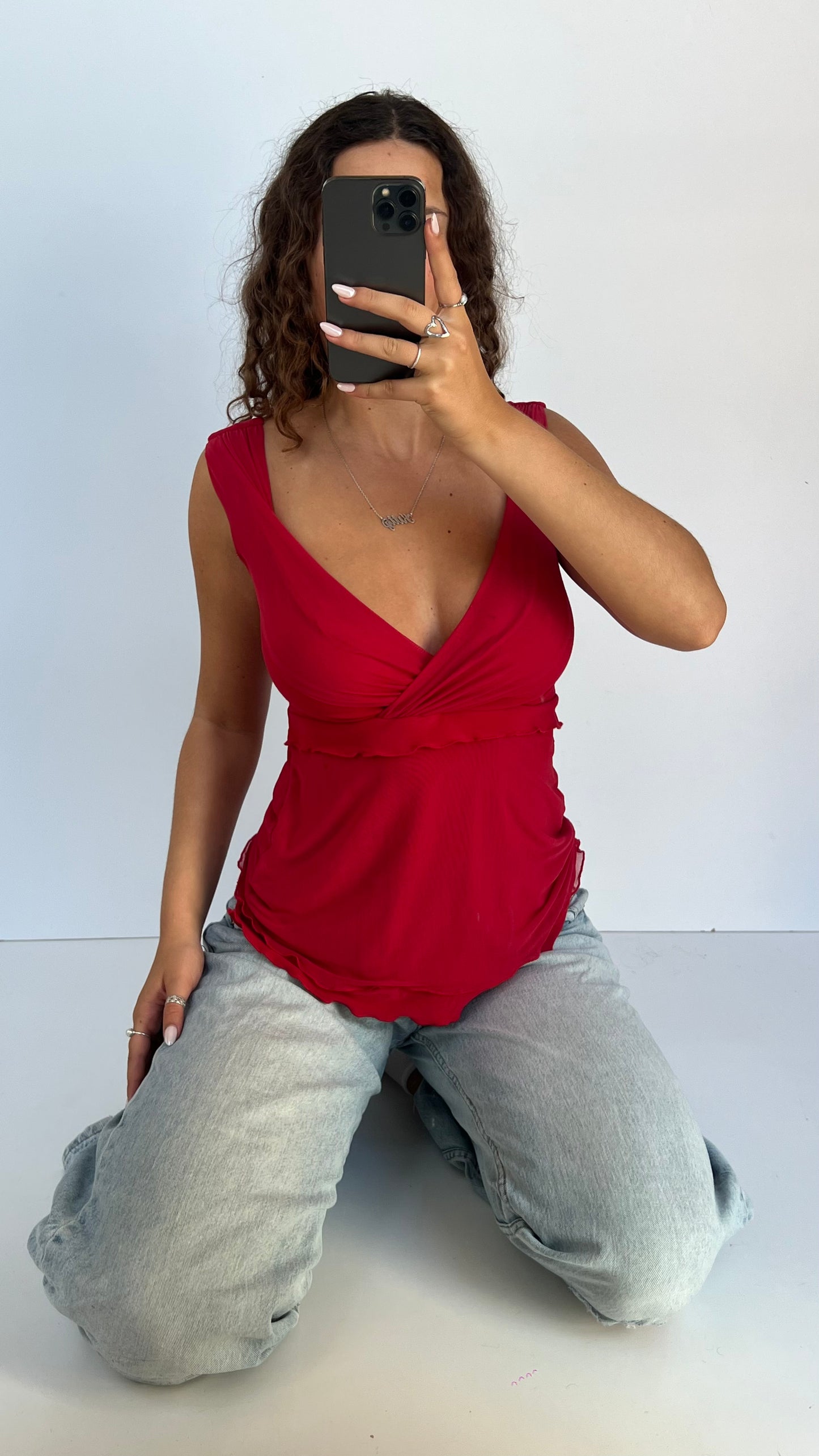 00s red mesh babydoll top- size M