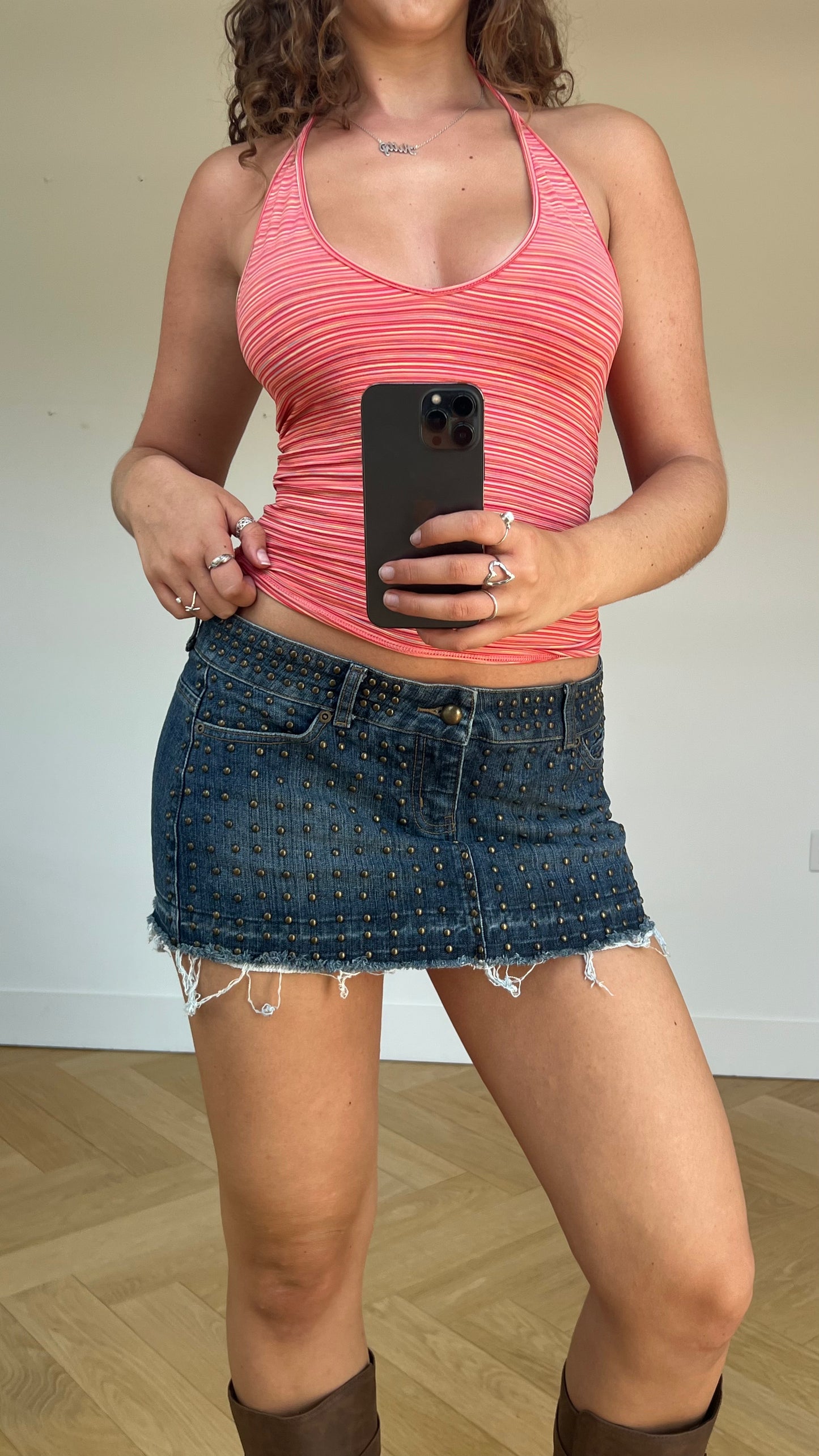00s denim stud mini skirt- size L