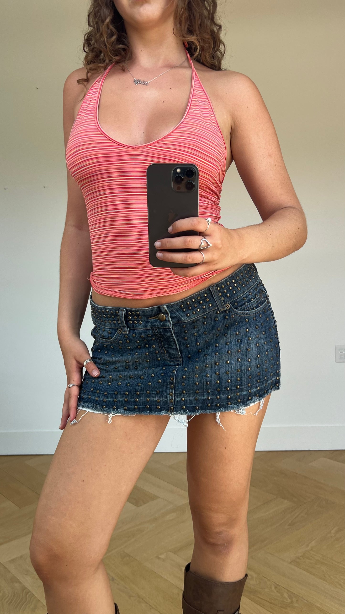 00s denim stud mini skirt- size L