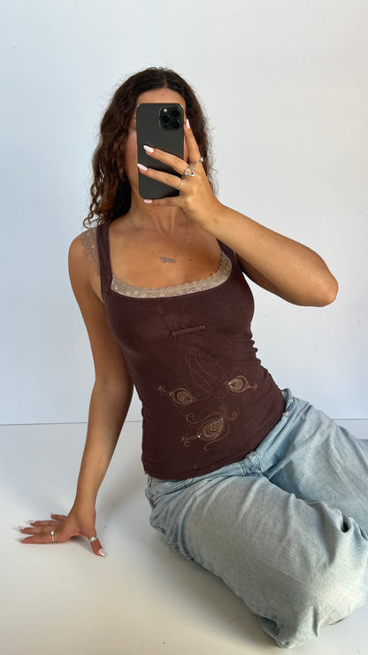 00s brown lace tank top- size M