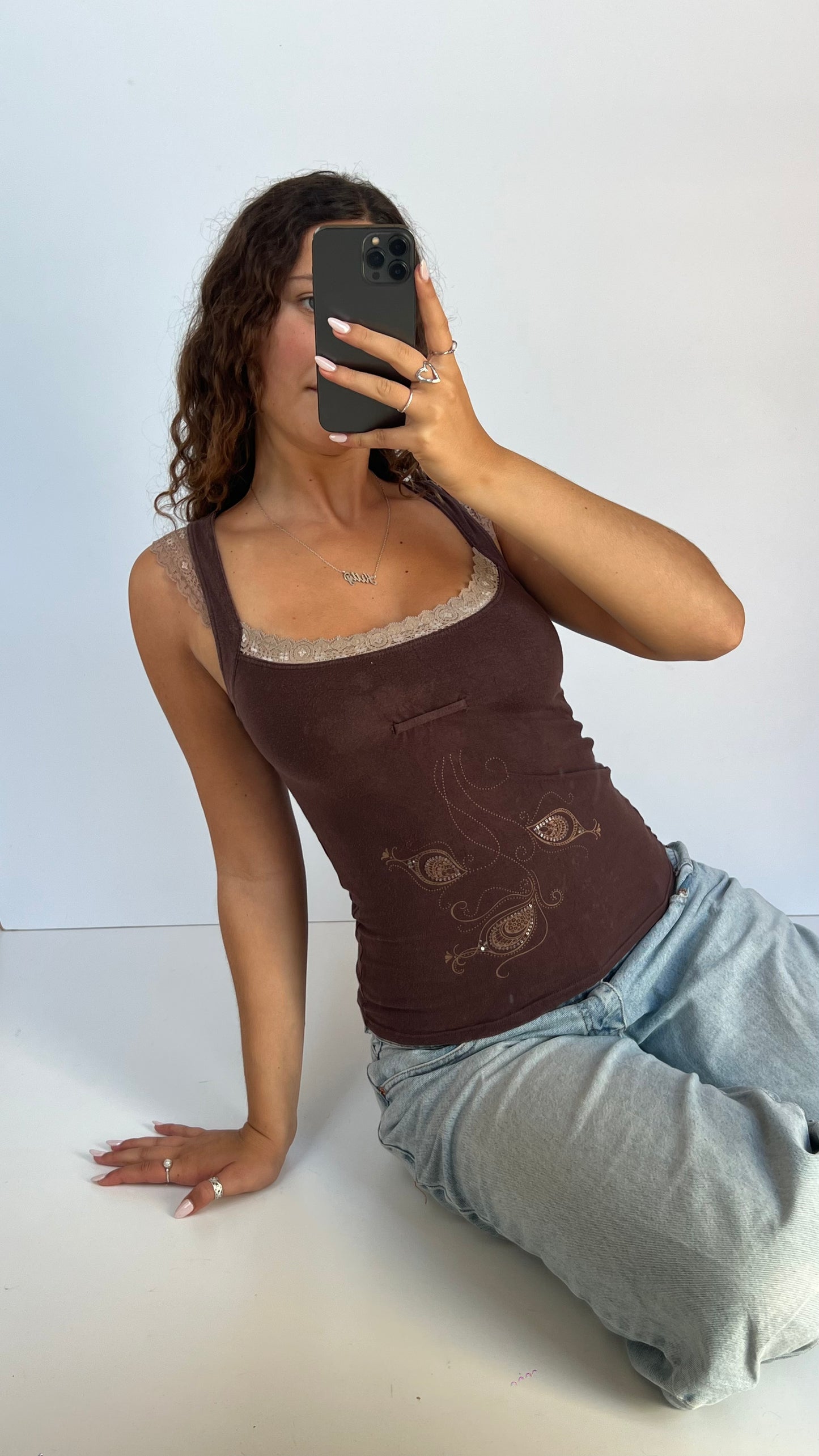 00s brown lace tank top- size M