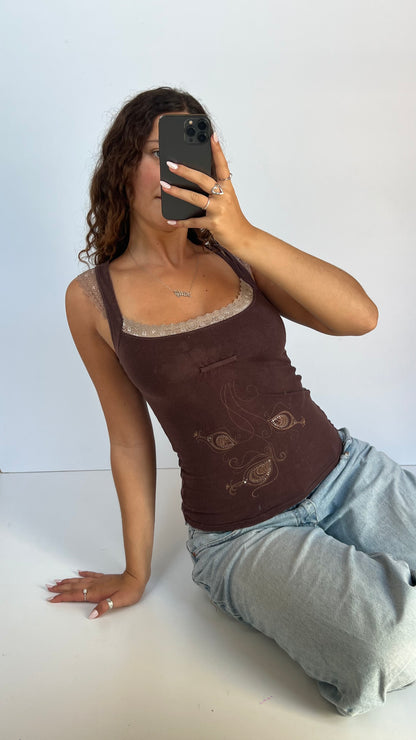 00s brown lace tank top- size M