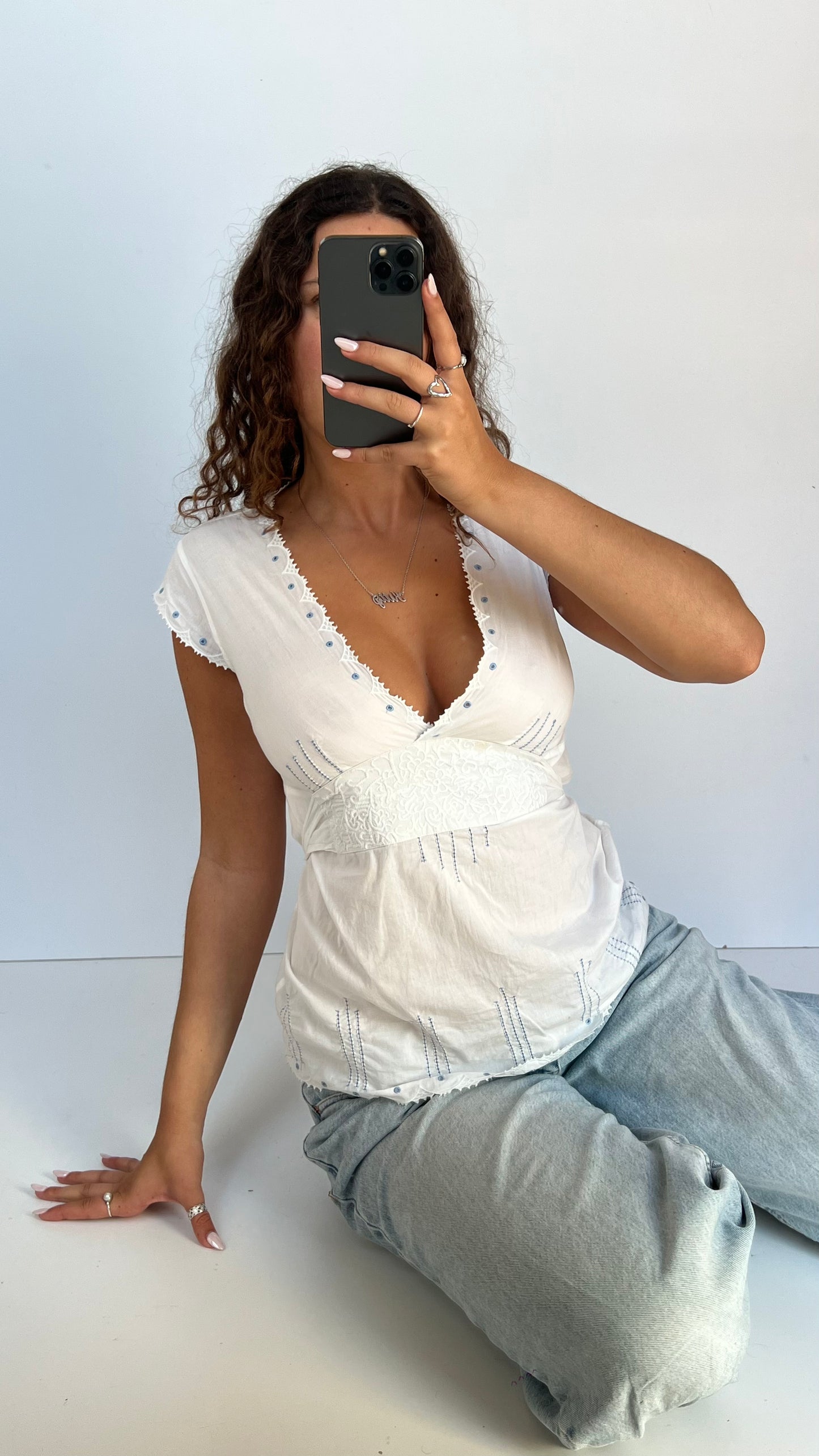 00s white lace babydoll top- size M