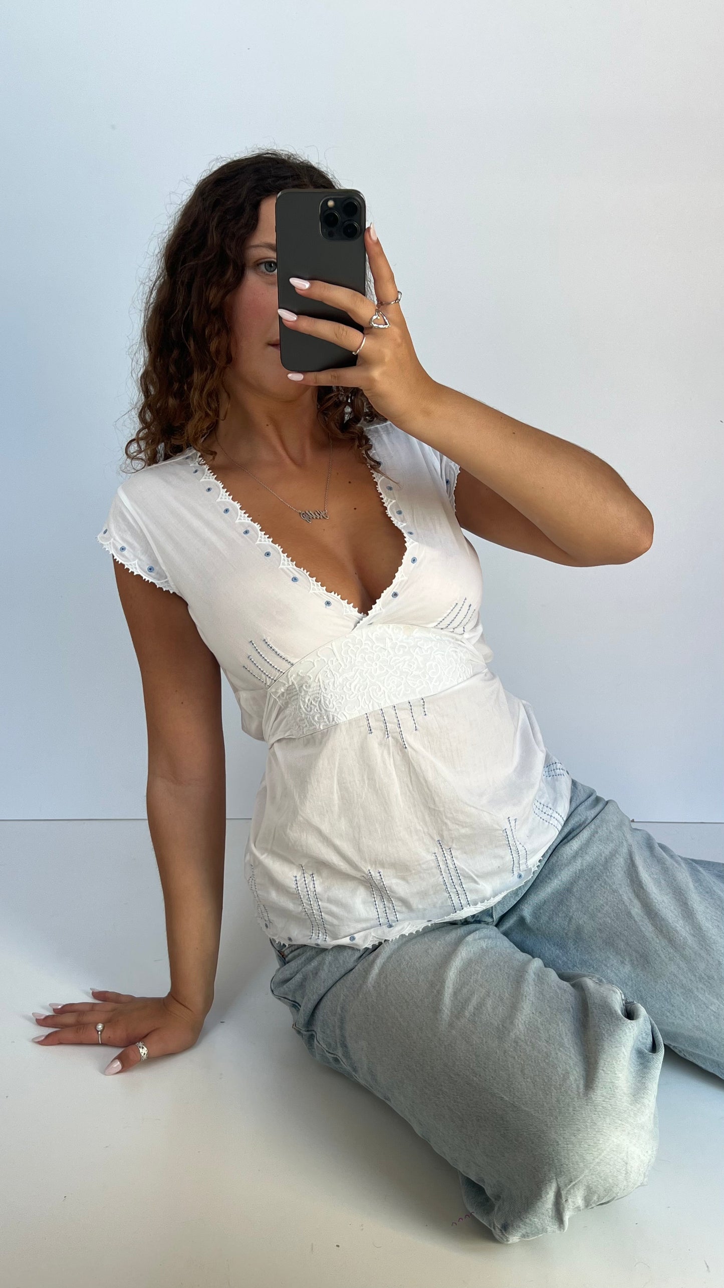 00s white lace babydoll top- size M
