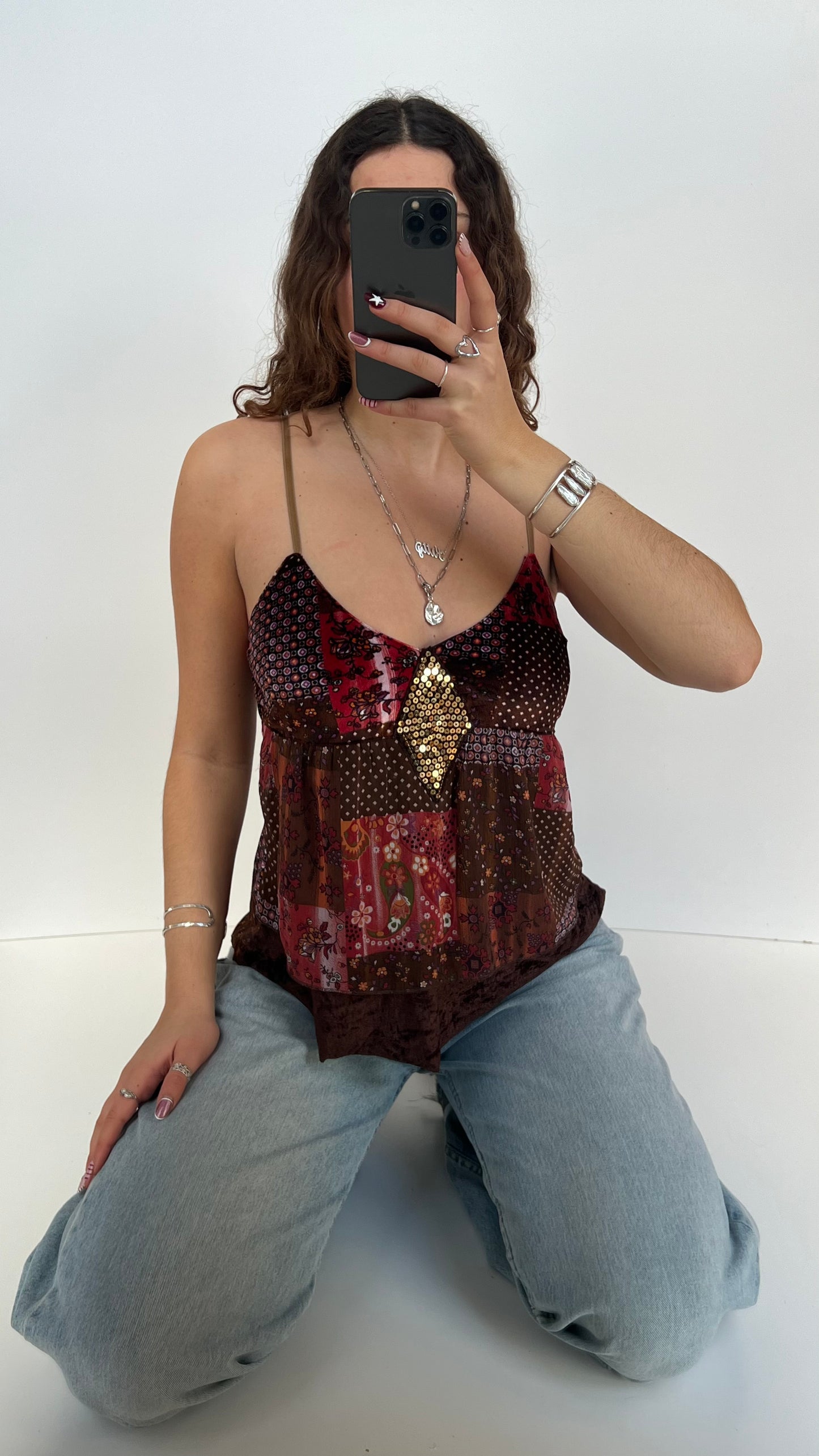 00s brown pink patchwork cami- size S