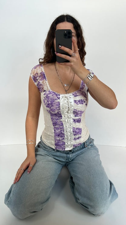 00s white purple milkmaid top- size S