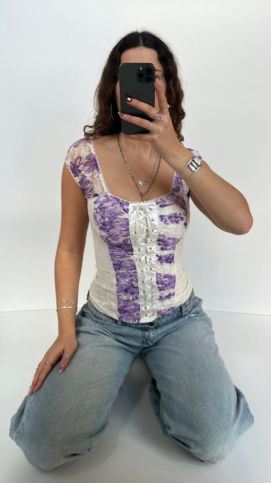 00s white purple milkmaid top- size S