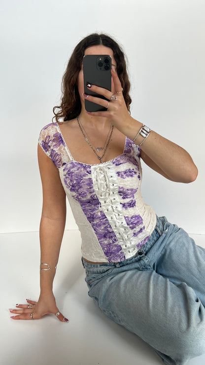 00s white purple milkmaid top- size S