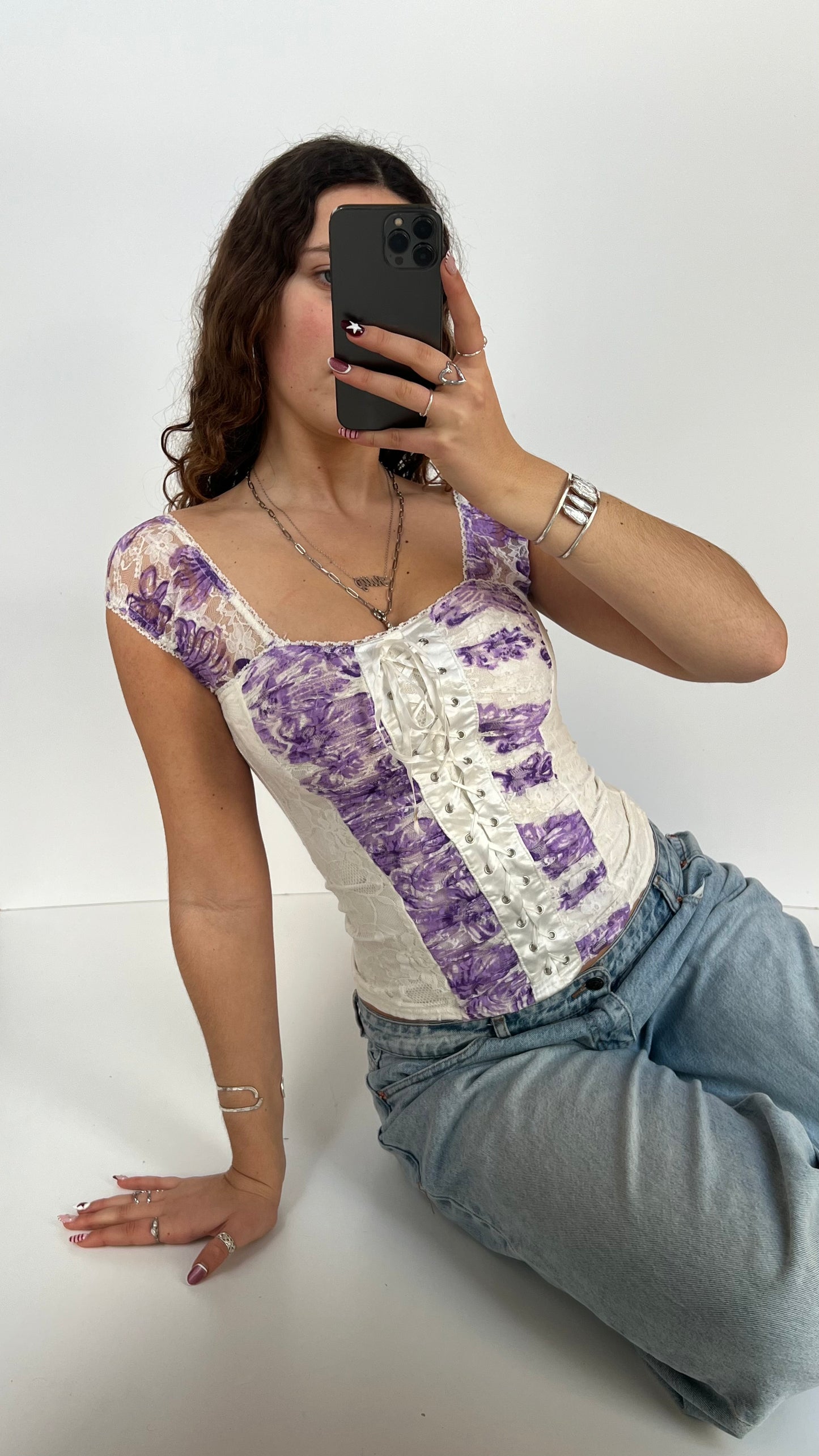 00s white purple milkmaid top- size S