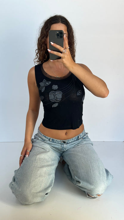 00s black mesh flower tank top- size S