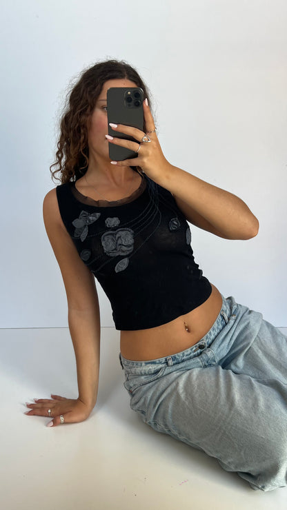 00s black mesh flower tank top- size S