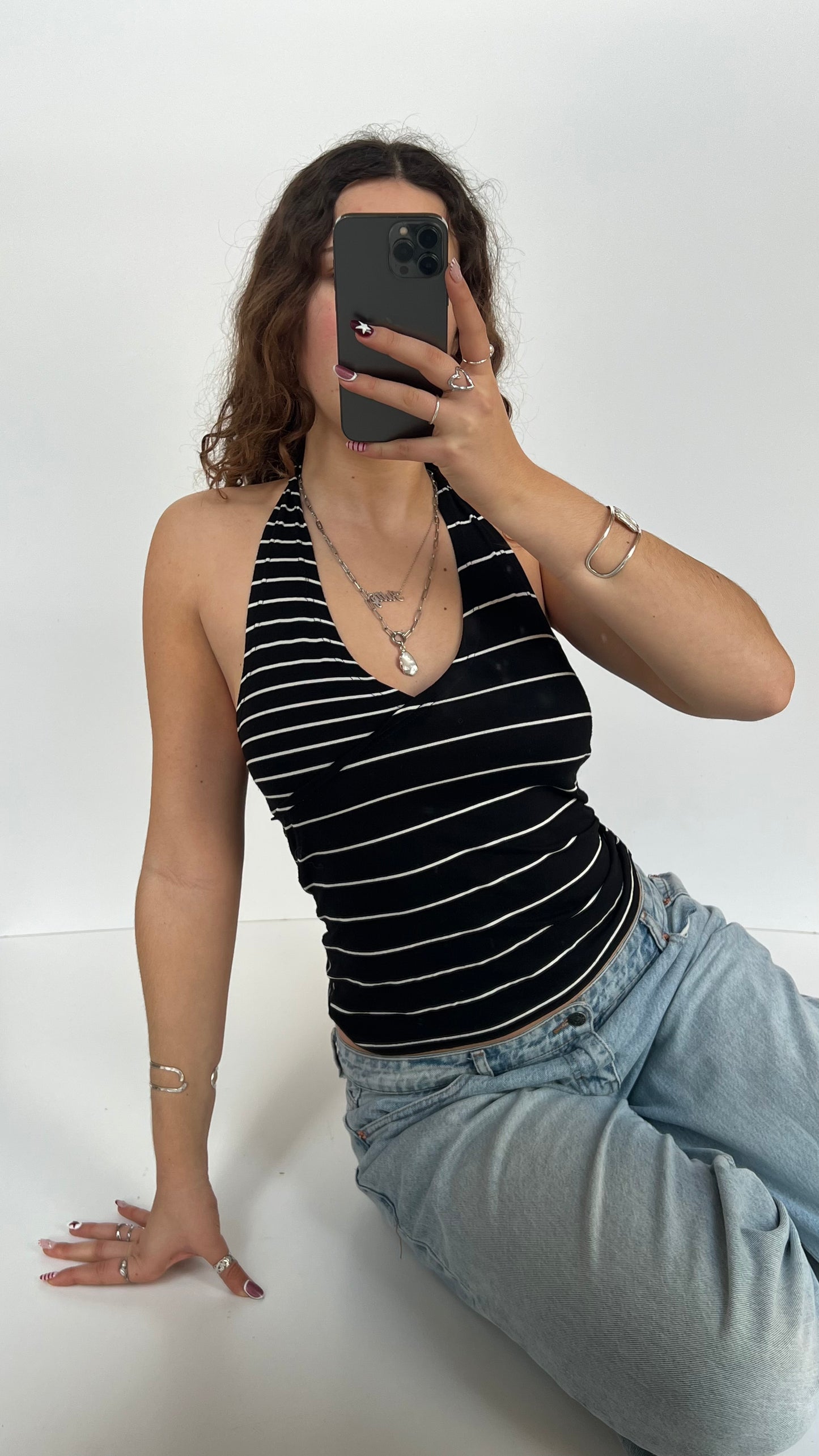 00s black white striped cami- size M