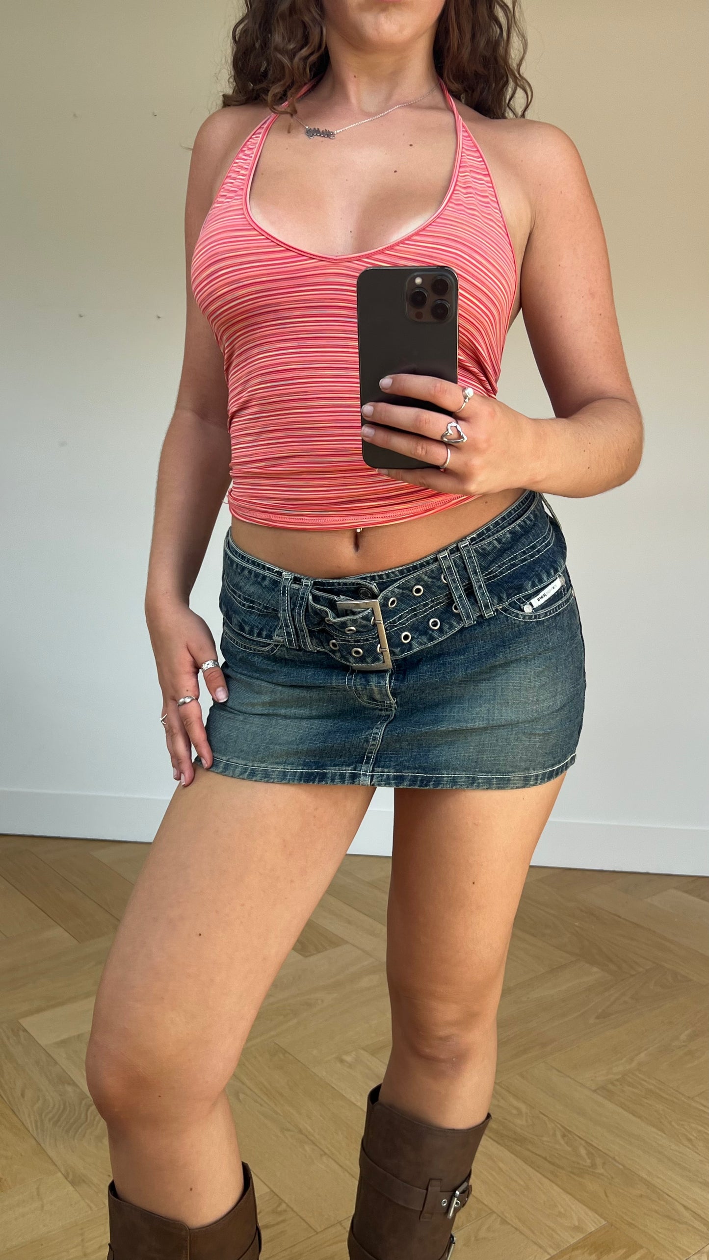 00s denim belt mini skirt- size M