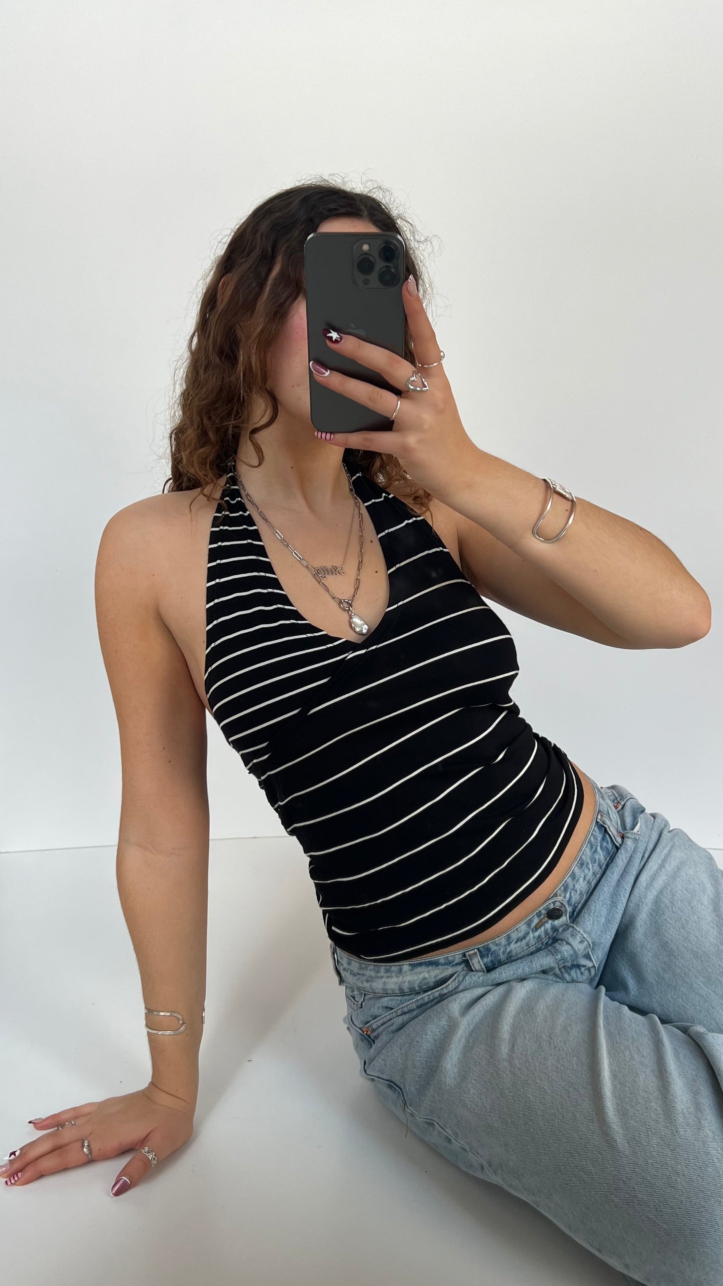 00s black white striped cami- size M