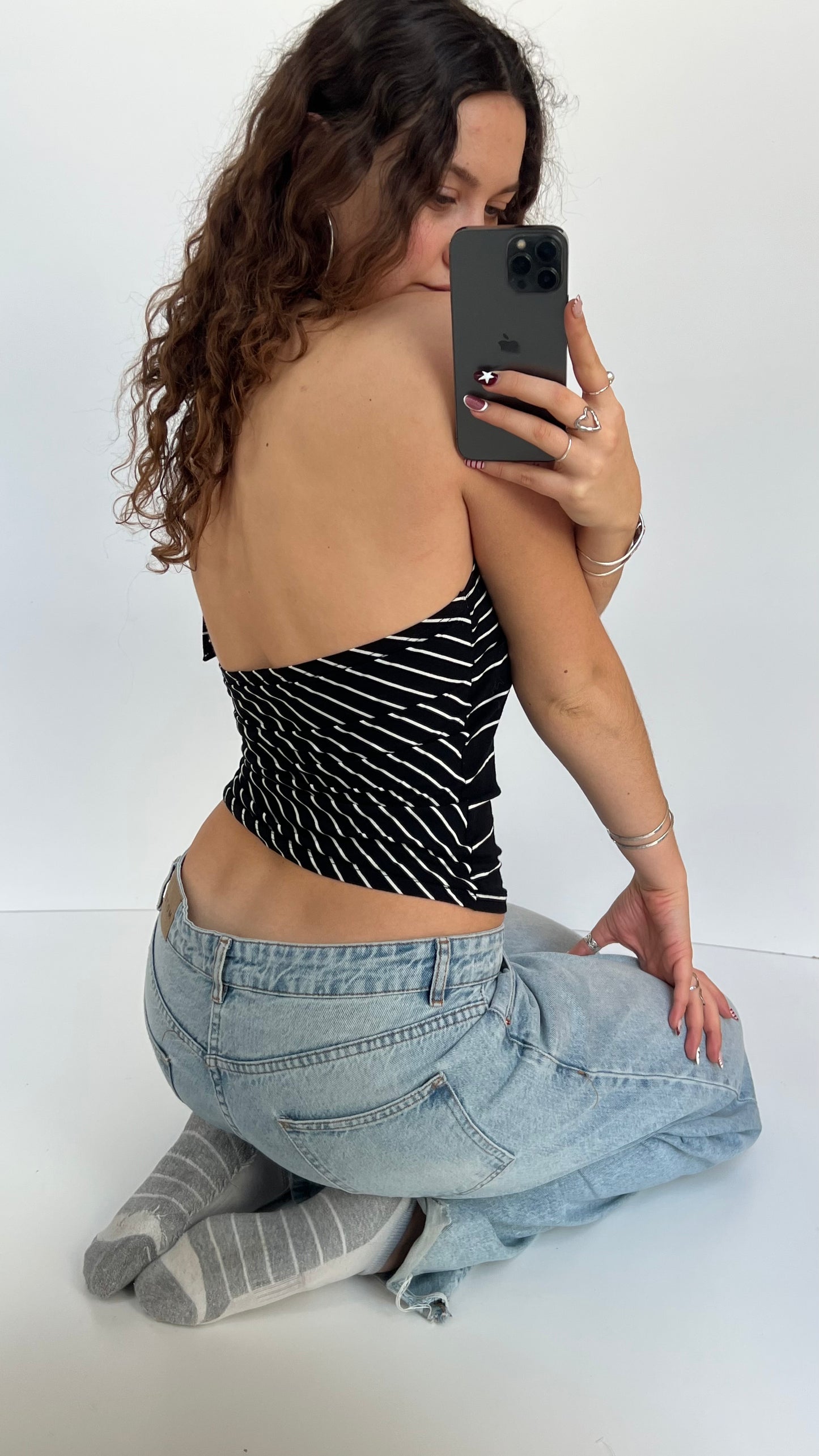 00s black white striped cami- size M