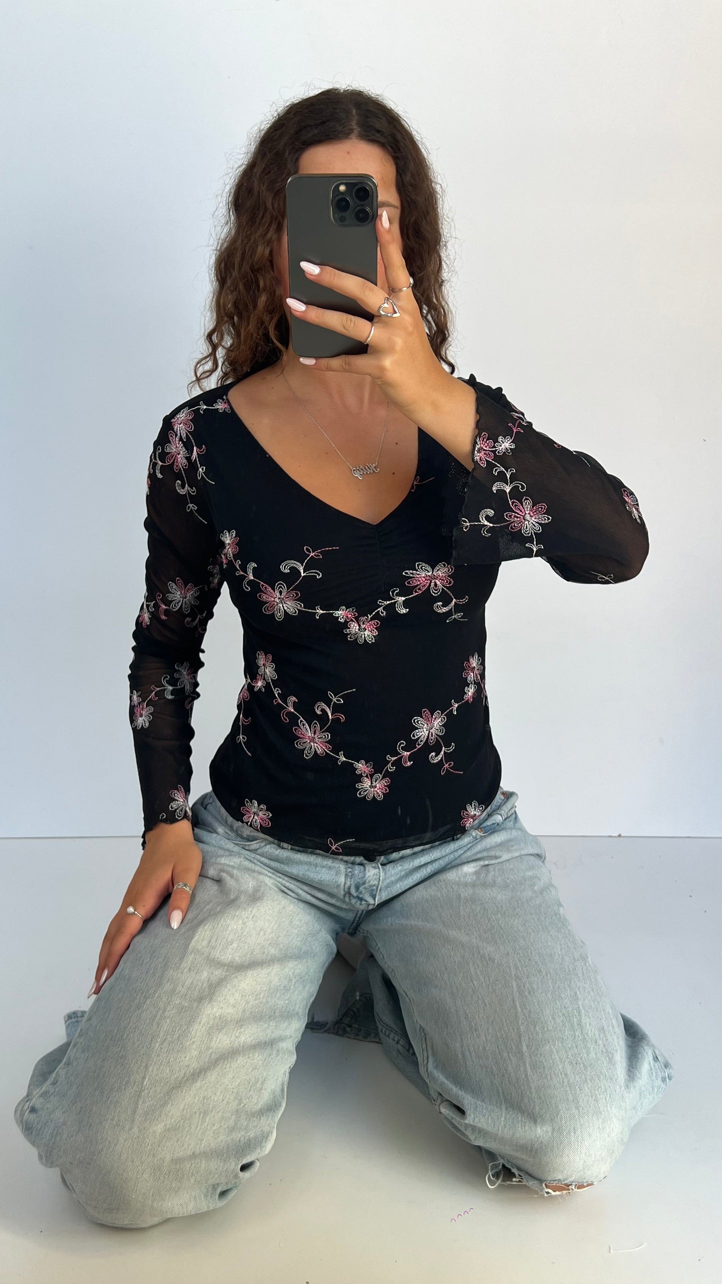 00s black mesh floral top- size M