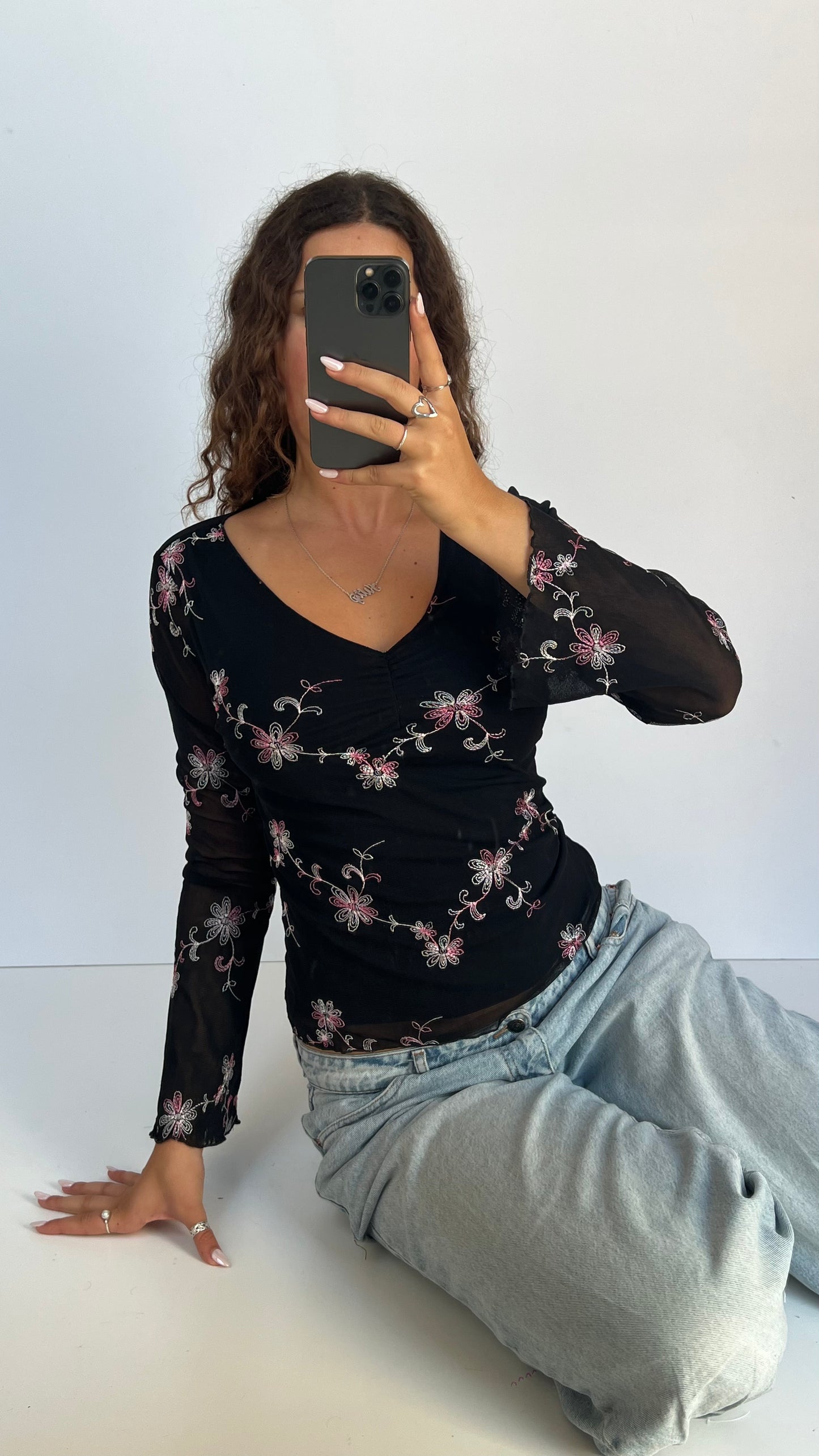 00s black mesh floral top- size M