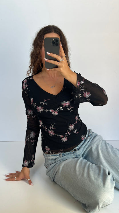 00s black mesh floral top- size M