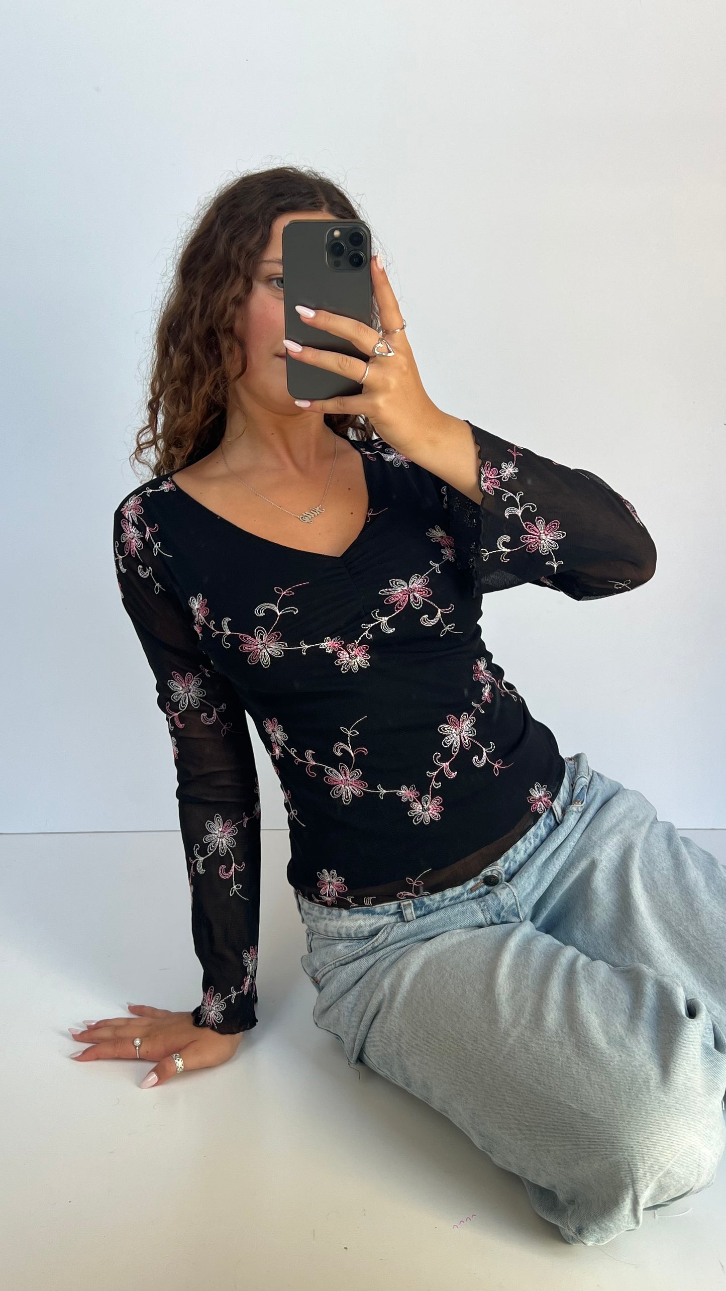 00s black mesh floral top- size M