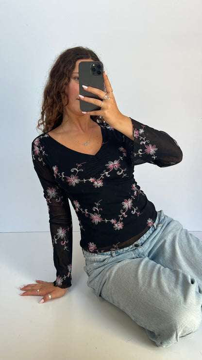 00s black mesh floral top- size M