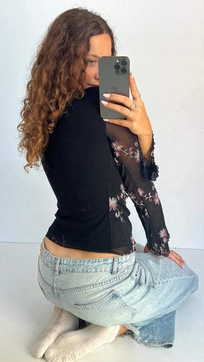 00s black mesh floral top- size M