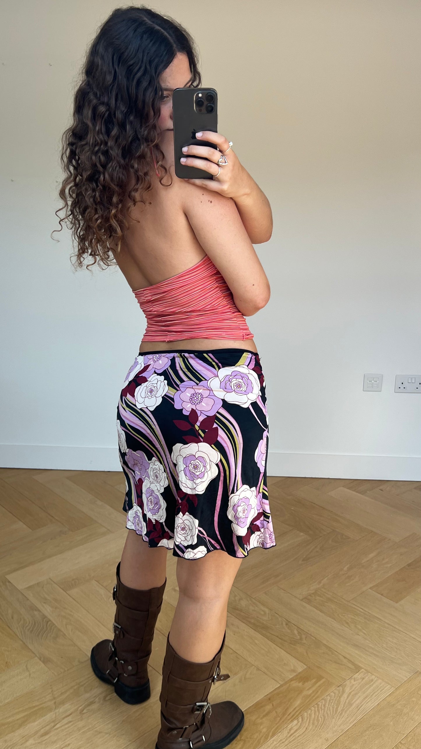 00s black purple floral skirt- size M