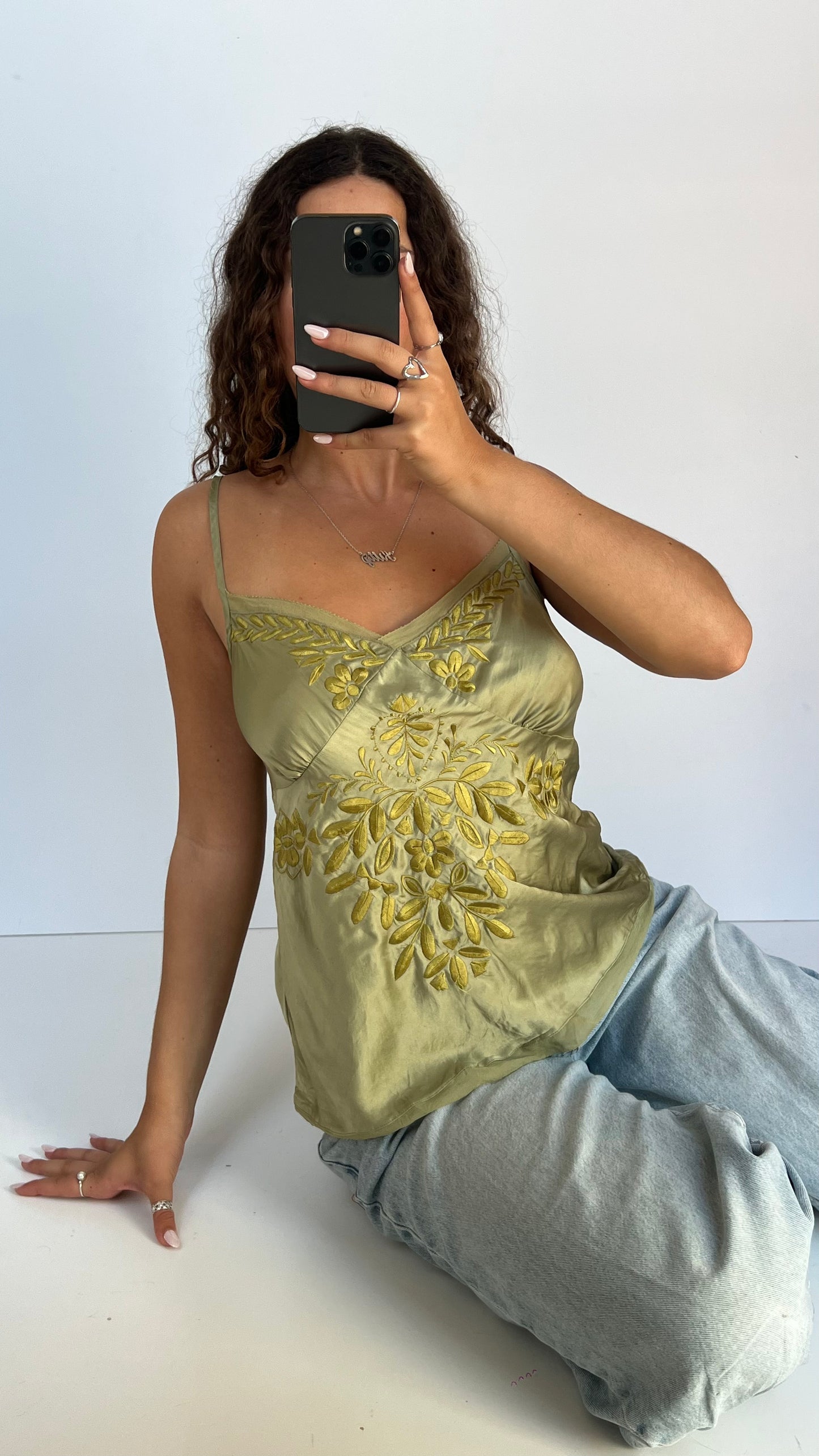 00s green silk babydoll cami- size L